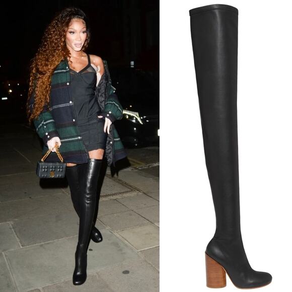 Burberry Black Faux Leather Thigh High Sock Boot with Wooden Circular Block Heel - Picture 1 of 14